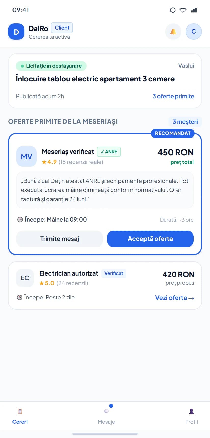 Interfața reală a aplicației DalRo Client - Oferte primite de la meseriași