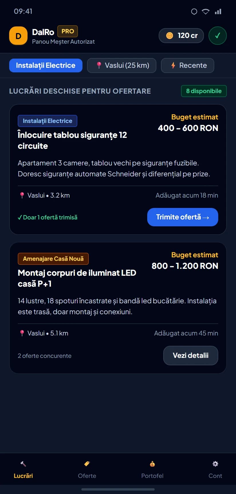 Interfața reală a aplicației DalRo Pro - Lucrări disponibile în zonă